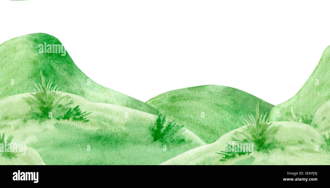 Nahtlose Grenze mit sanften grünen Hügeln und Gras isoliert auf weißem Hintergrund. Handgezeichneter botanischer Streifen für Landschaftsgestaltung im Frühling, Stockfoto