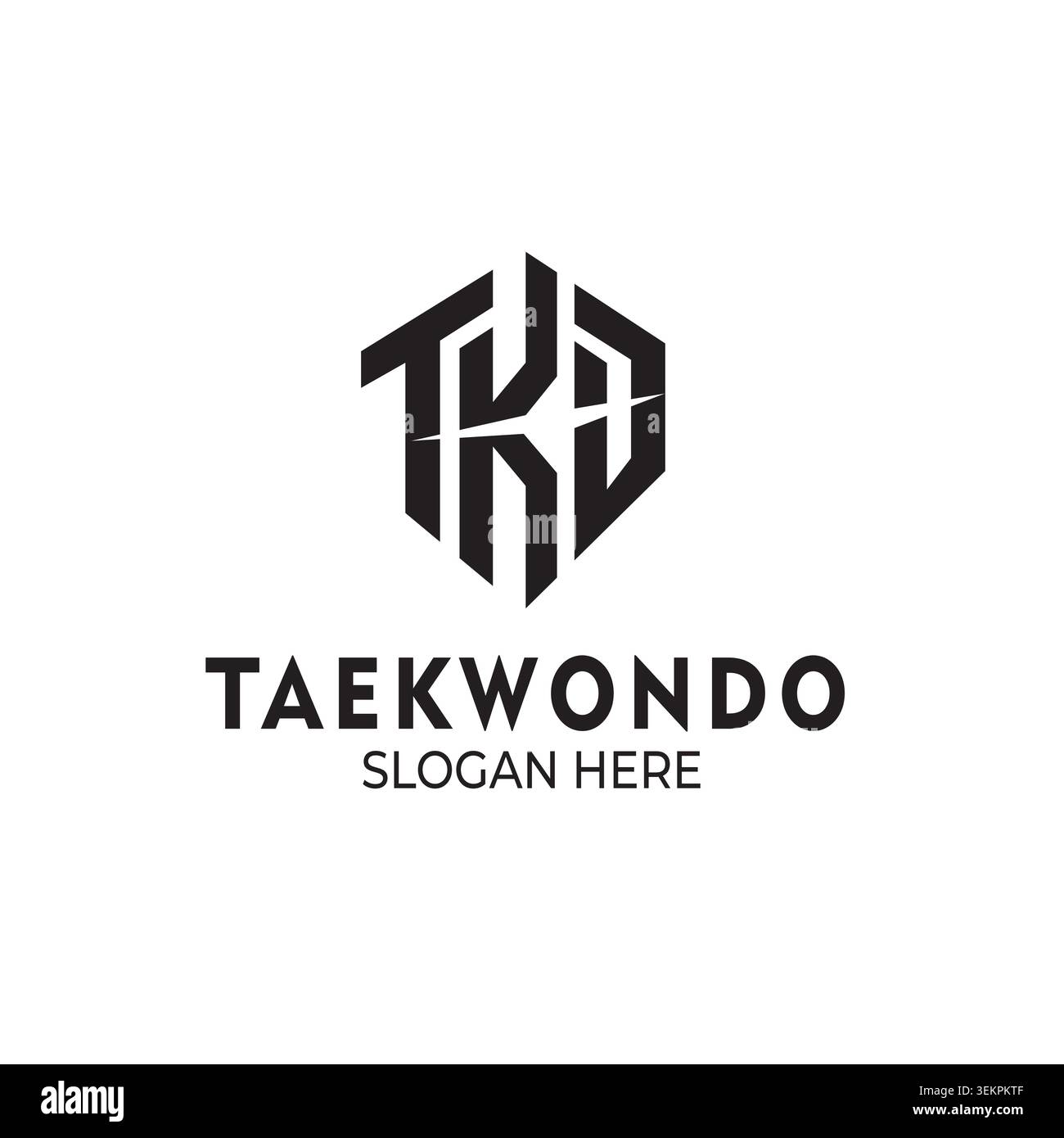 Auffälliges und modernes geometrisches Logo mit den Buchstaben „T K D“ für Karate in einer scharfen sechseckigen Form. Perfekt für zeitgenössische Kampfkünste c Stock Vektor