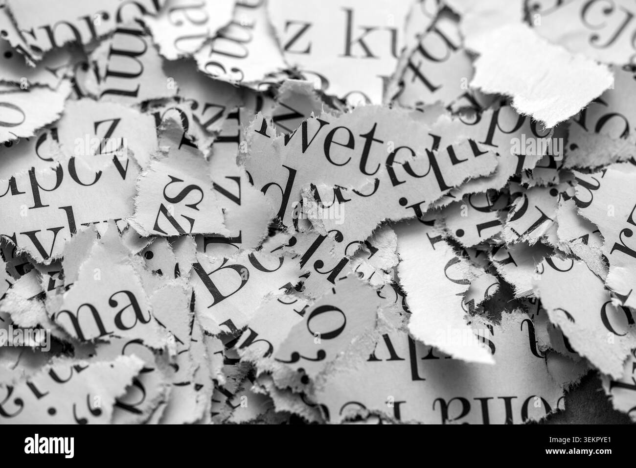 Papierfetzen mit Wörtern und Briefen aus Zeitschriften und Zeitungen. Zeitungspapier Streifen Hintergrund. Stockfoto