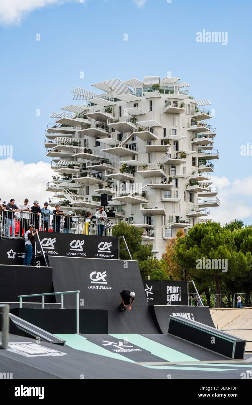 Blick auf den Arbre Blanc (Weißer Baum) von FISE Montpellier, Frankreich Stockfoto