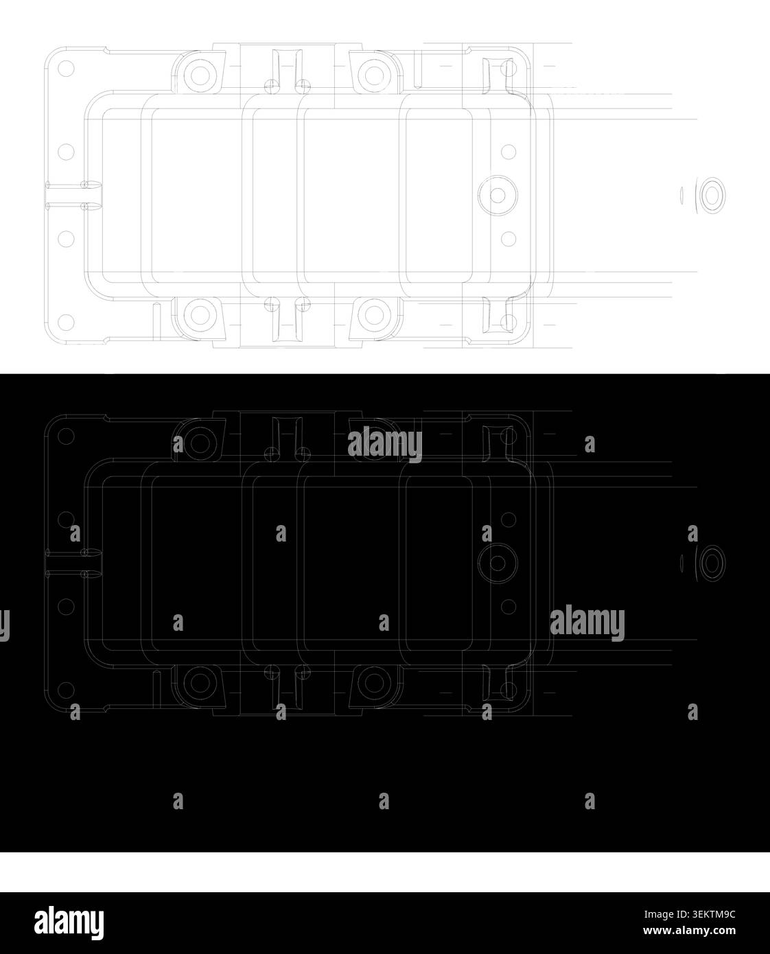 Geteiltes Bildschirmlayout mit negativen und positiven technischen Blueprint-Projektionslinien eines mechanischen Teils auf schwarzem und weißem Hintergrund. Stockfoto