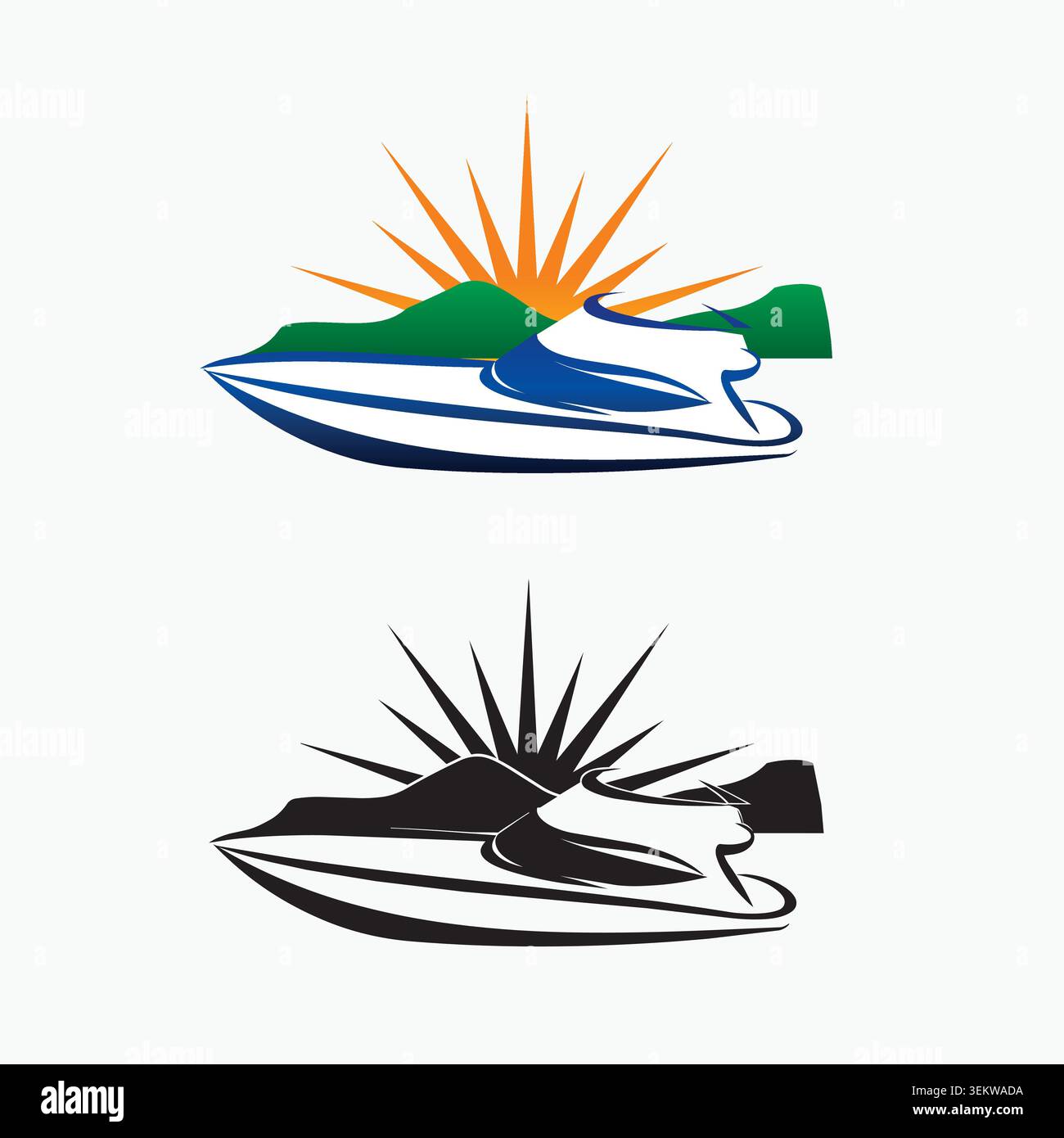 Kreatives Speedboat-Logo-Set mit Sonnenaufgang, Wasserstraße und Küstenlandschaft, symbolisiert Reisen, Erholung, Freiheit und Abenteuer. Stock Vektor