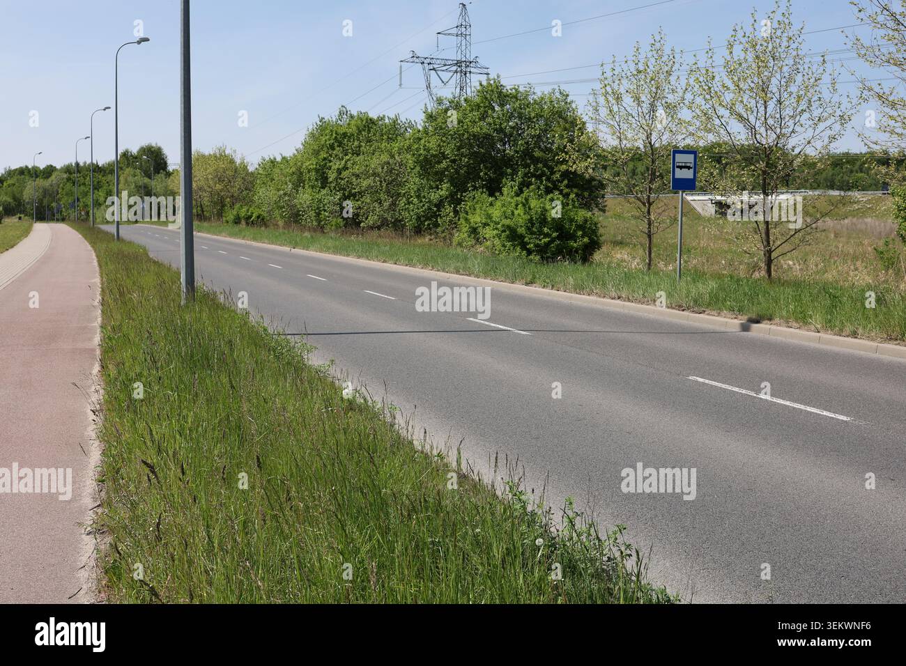 Asphaltstraße durch eine grüne ländliche Landschaft mit Bäumen, Gras und Versorgungsinfrastruktur, die in der Ferne sichtbar ist. Stockfoto