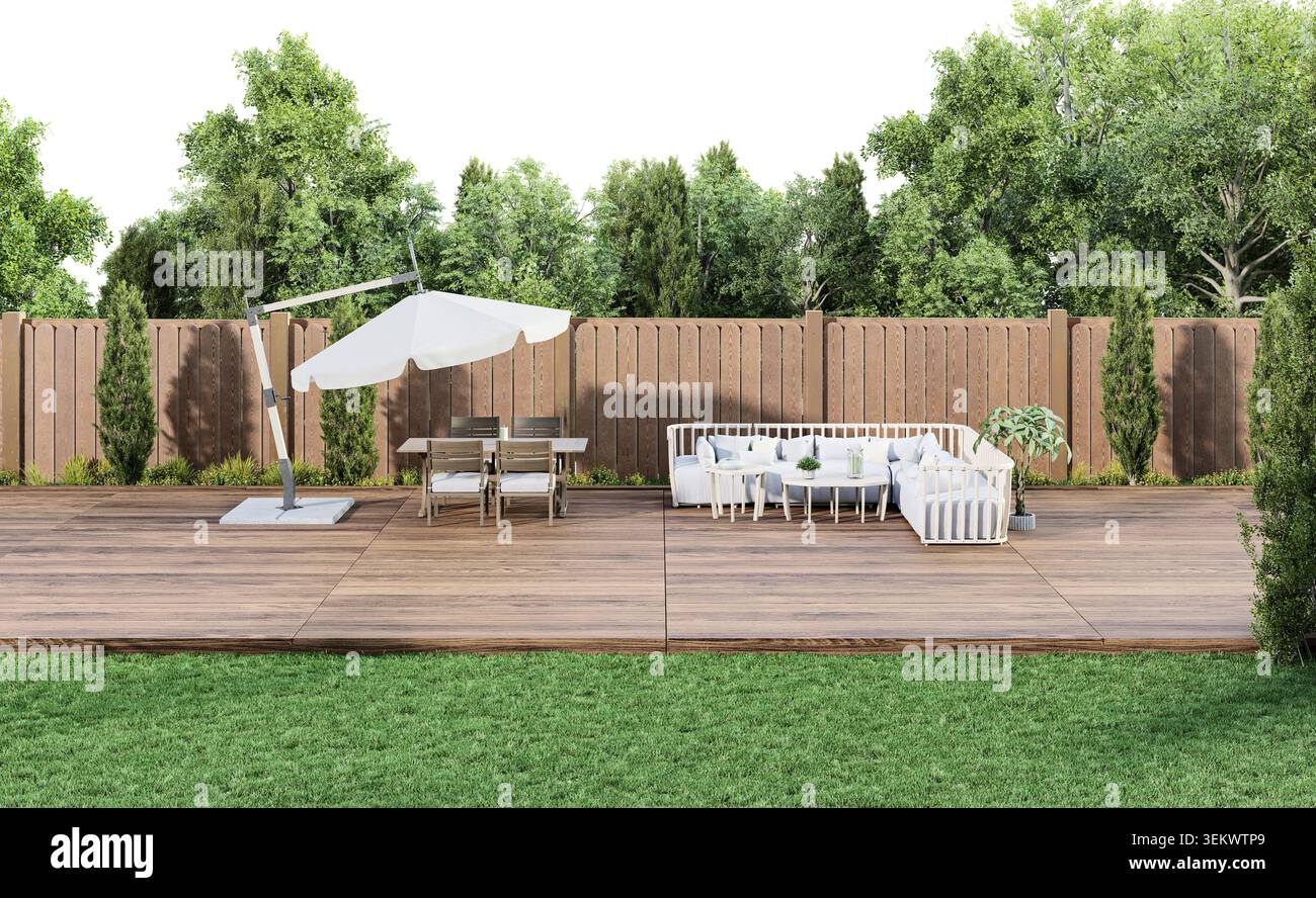 Minimalistisch moderne Hinterhofterrasse mit Lounge und Essbereich Stockfoto