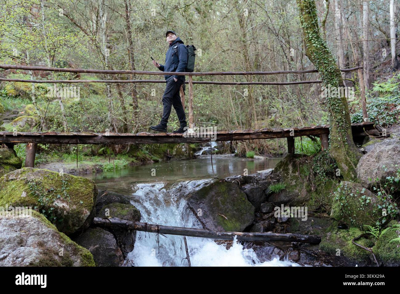 Mann, der über eine rustikale Holzbrücke läuft, während er einen üppig grünen Waldweg erkundet Stockfoto
