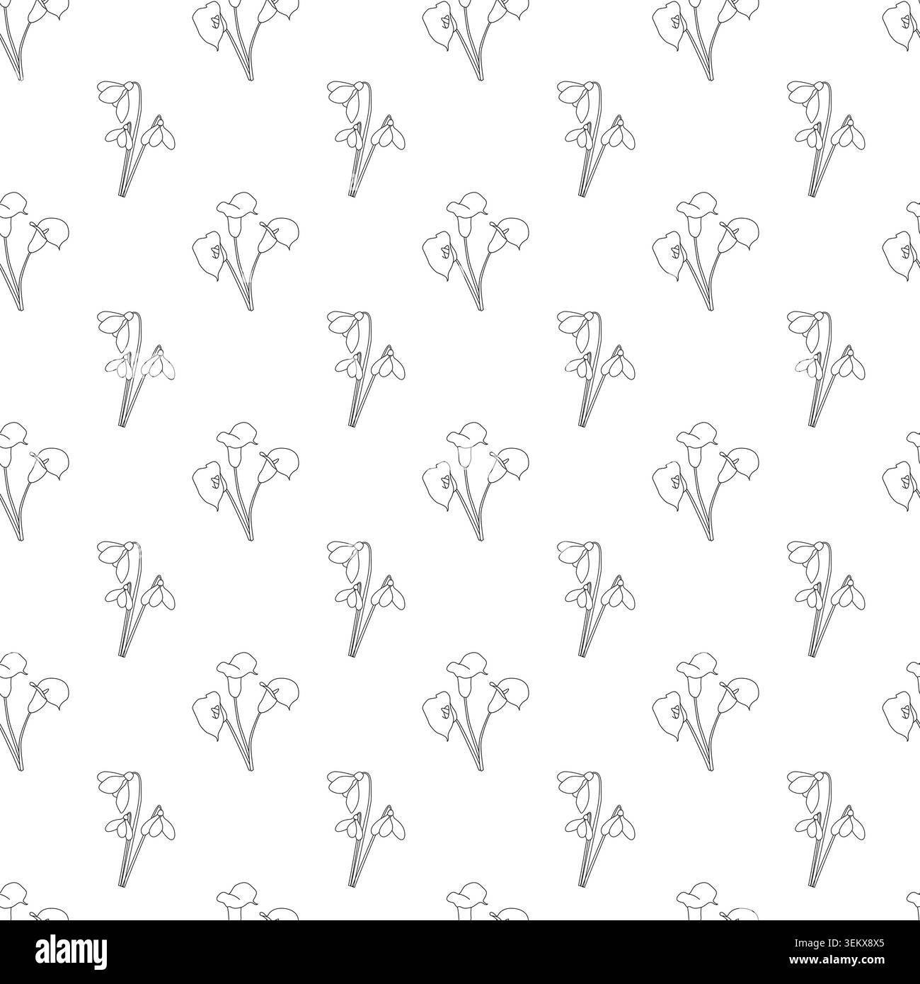 Nahtloses diagonales Blumenmuster mit Dreistielen mit abgerundeten Blüten und Blättern, minimalistisches monochromes Design auf weißem Hintergrund Stock Vektor