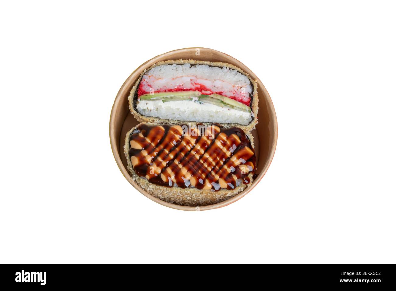 Ein köstlicher Sushi-Burger mit verschiedenen Füllungen auf farbigem und weißem Hintergrund, garniert mit Sesamsamen und grünen Zwiebeln. Isoliert auf einem Hinterwäldler Stockfoto