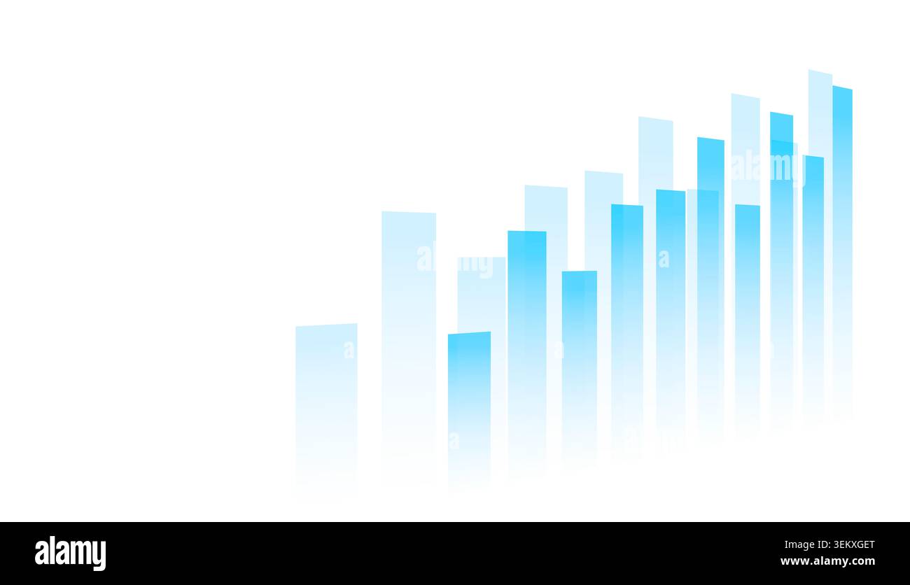 Hellblaues Balkendiagramm auf weißem Hintergrund. Zeigt Wachstums- oder Fortschrittstrend an. Perfekt für Finanz- und Geschäftsleute. Rasterbild im JPEG-Format Stockfoto