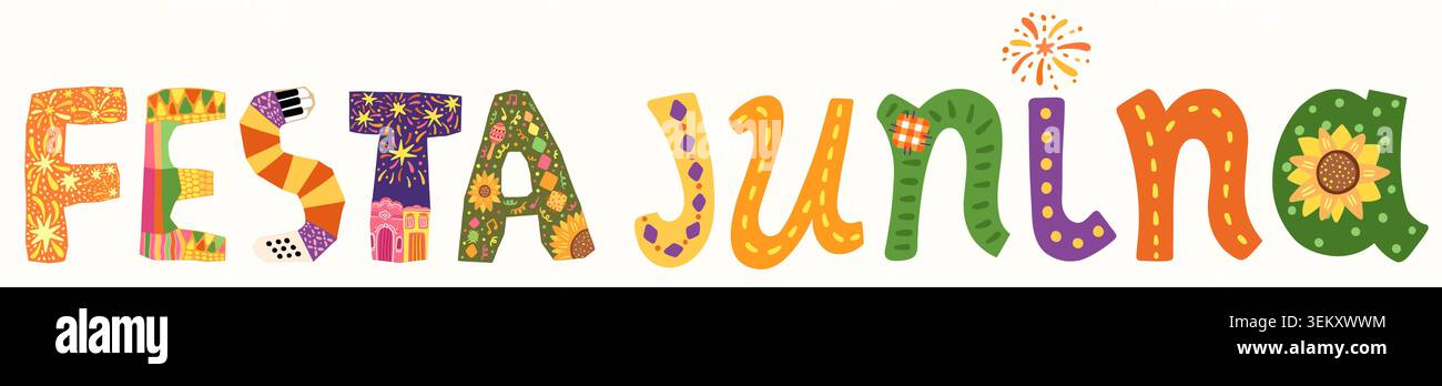 Festa Junina handgemalter Text mit brasilianischen Festival Elementen, Party Banner, Einladung oder Poster Design Element Stock Vektor
