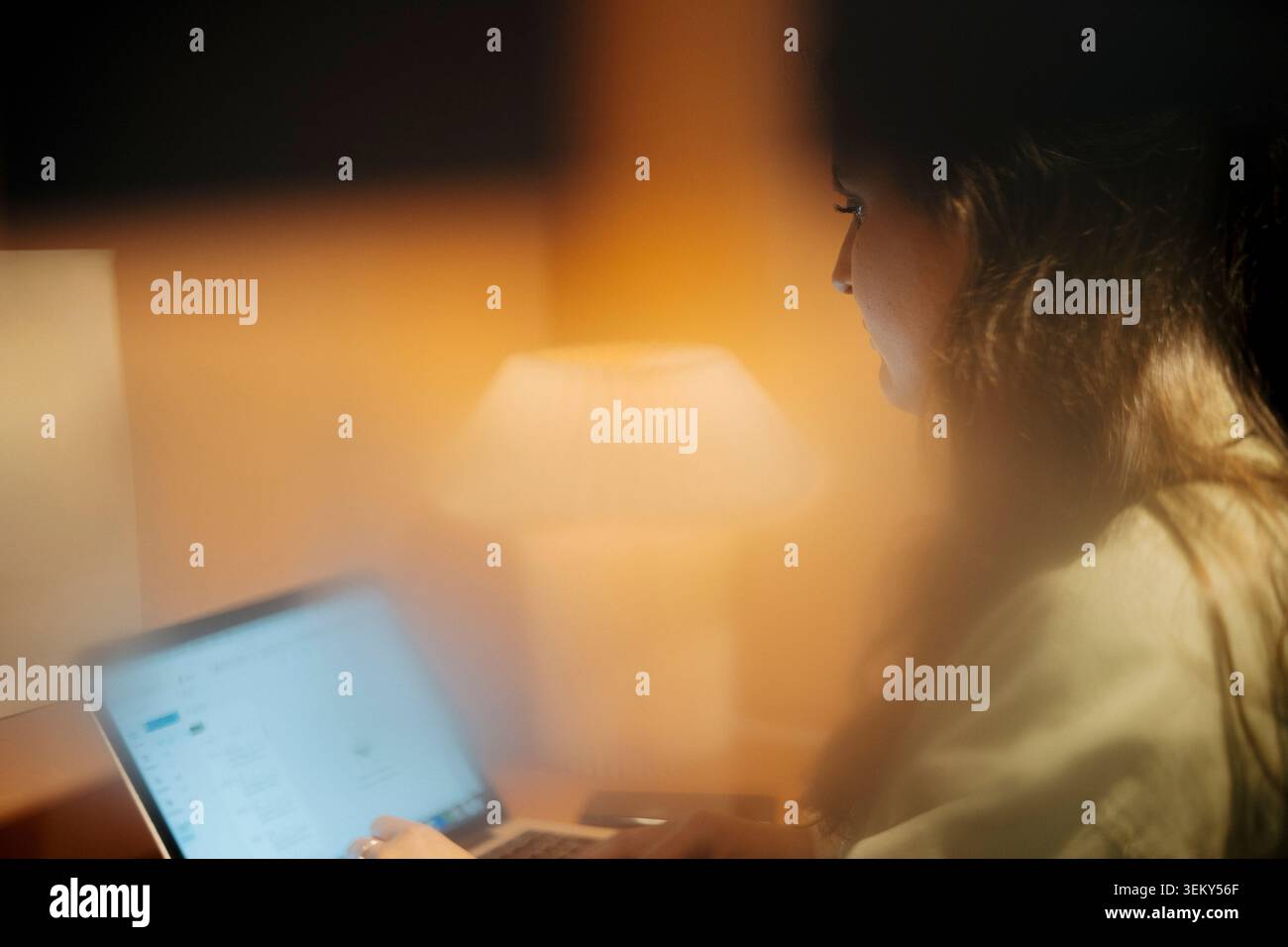 Konzentrierte Geschäftsfrau, die an einem Laptop in einem Glasschrank arbeitet Stockfoto