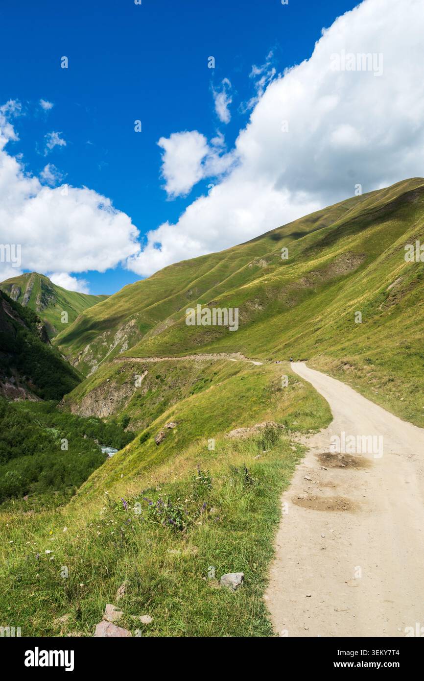 Sommerwanderlandschaft in Georgien, Kaukasus. Beliebte Bergwandergebiete in Kazbegi, Truso-Schlucht. Stockfoto