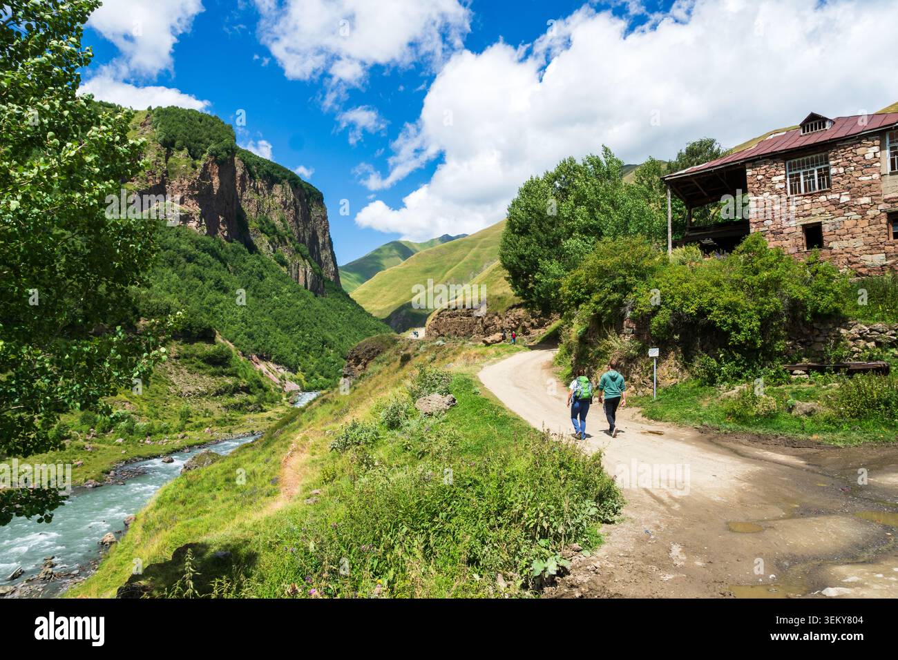 Sommerwanderlandschaft in Georgien, Kaukasus. Beliebte Bergwandergebiete in Kazbegi, Truso-Schlucht. Stockfoto