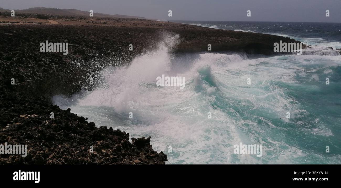 Raue Kalksteinfelsen an der Nordküste Curacaos, wo mächtige karibische Wellen gegen felsige Klippen und natürliche Meeresformationen krachen. Stockfoto