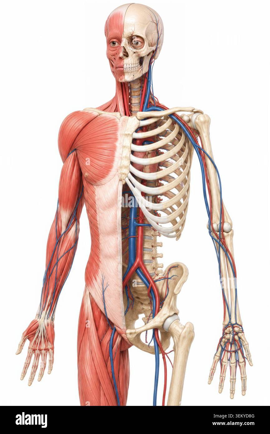 Detaillierte medizinische Illustration der menschlichen Anatomie, die muskuläre Skelett- und Gefäßsysteme in frontaler Ansicht isoliert auf weißem Hintergrund zeigt. Stockfoto