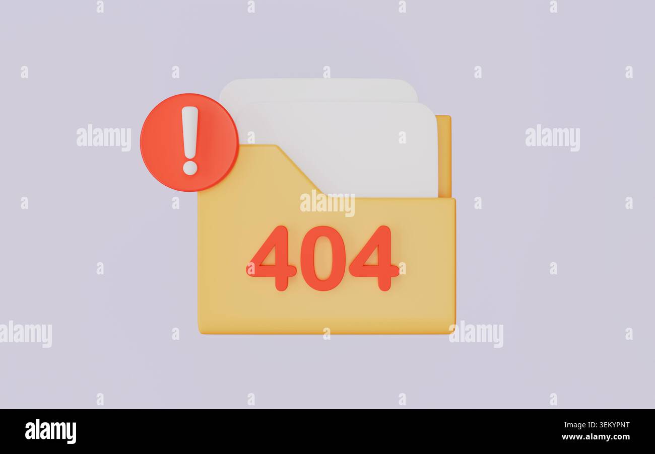 Ordnersymbol mit 404 Emblem, das anzeigt, dass kein Inhalt gefunden wurde oder die 3D-Abbildung fehlt Stockfoto