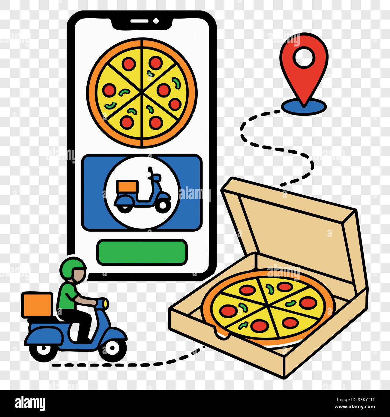 Online-Pizzabestellung Anwendung Navigationskarte Konzept mit Smartphone Tracking Route PIN und Box Stock Vektor