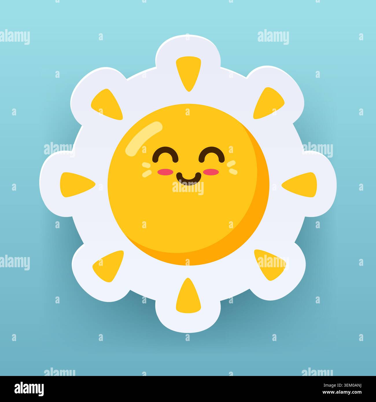 Niedliche lächelnde Sonne Charakter Sommer Vibes Cartoon gelbes Gesicht weiße Strahlen blau verlaufender Hintergrund Sticker Stil Stock Vektor