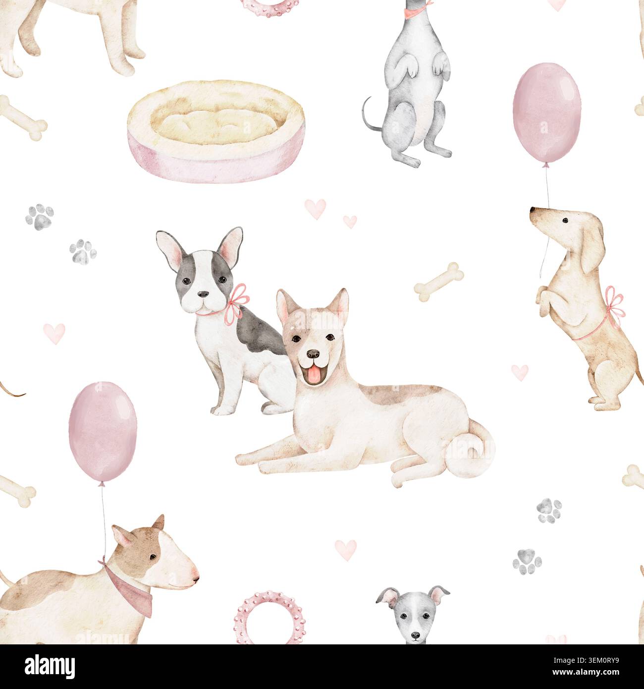 Nahtloses Aquarellmuster mit Laika-, French Bulldog-, Italian Greyhound- und Dachshund-Mustern, Ballons, Knochen, Herzen und Pfoten. Geeignet für nur Stockfoto