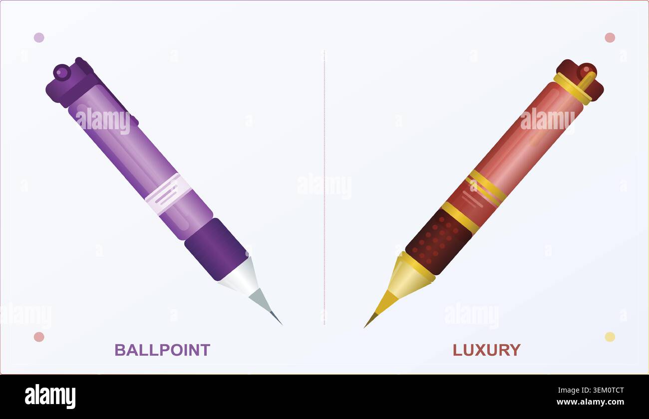Vektor-Illustration, die einen violetten Kugelschreiber mit einem roten und goldenen Luxusstift vergleicht. Stock Vektor
