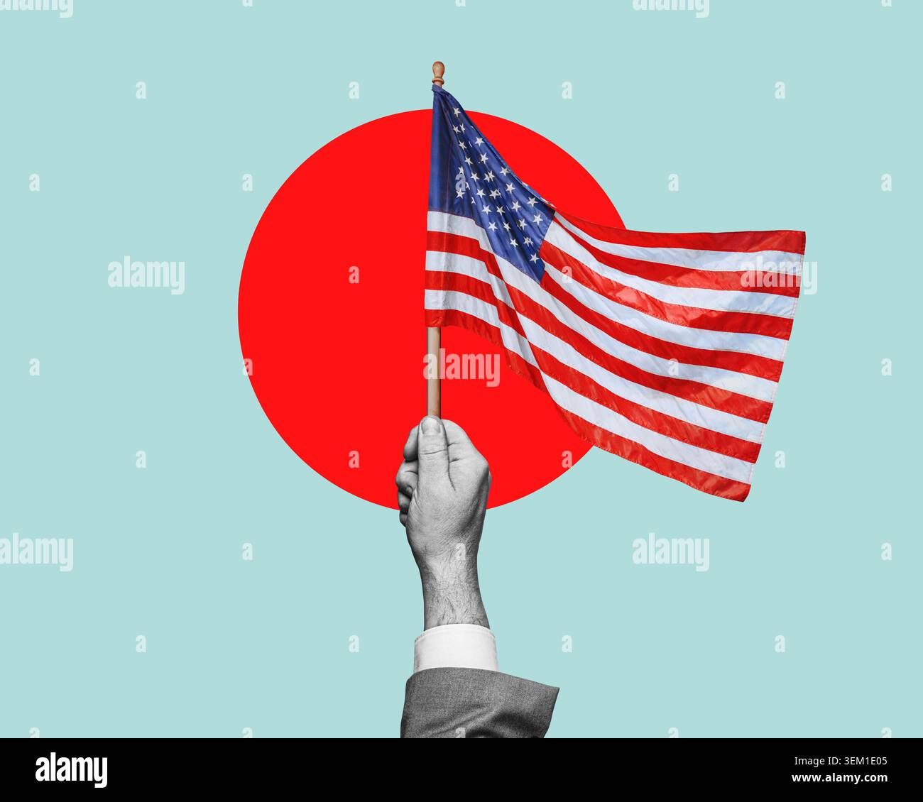 Hand mit US-Flagge amerikanische Flagge - Unabhängigkeitstag Konzept. Flaches Design. Stockfoto
