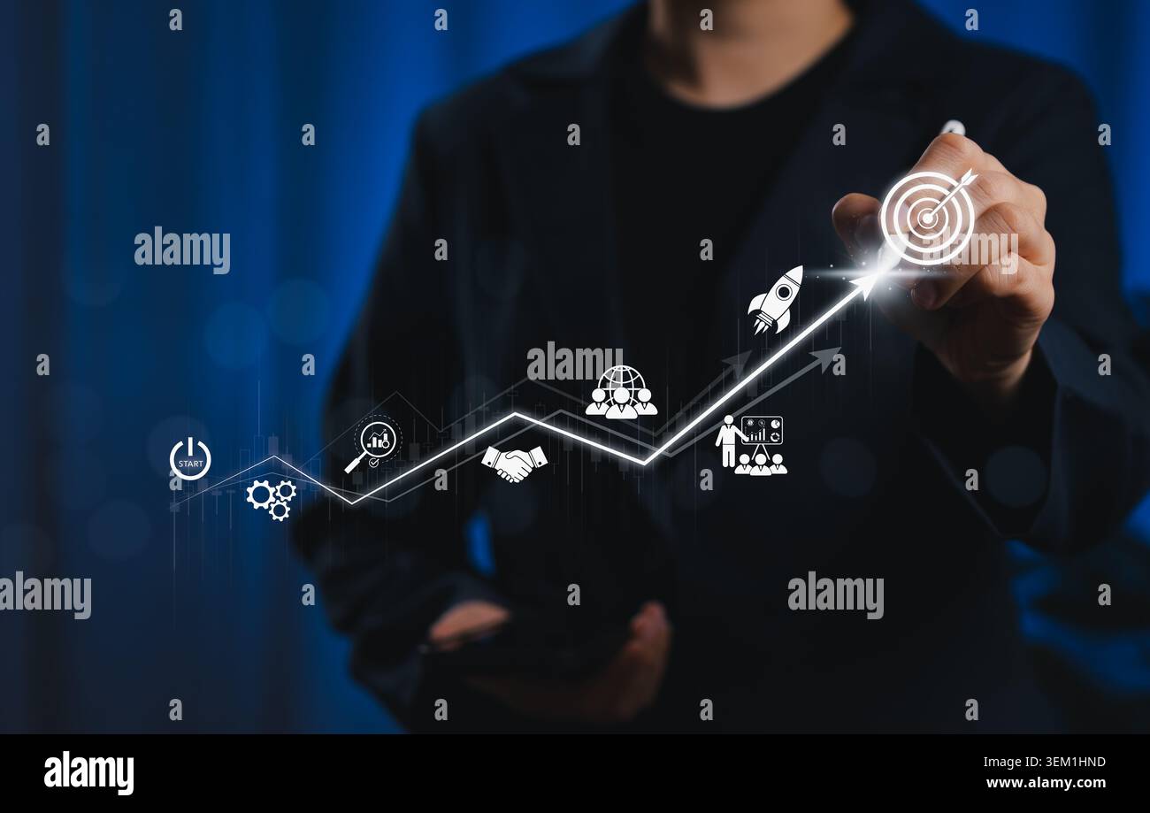 Wachstumsstrategie und Zielerreichungskonzept. Pfeil für steigende Leistung. Zielplanung, Start-up-Einführung, Teamwork, Partnerschaft, Vision, Stockfoto