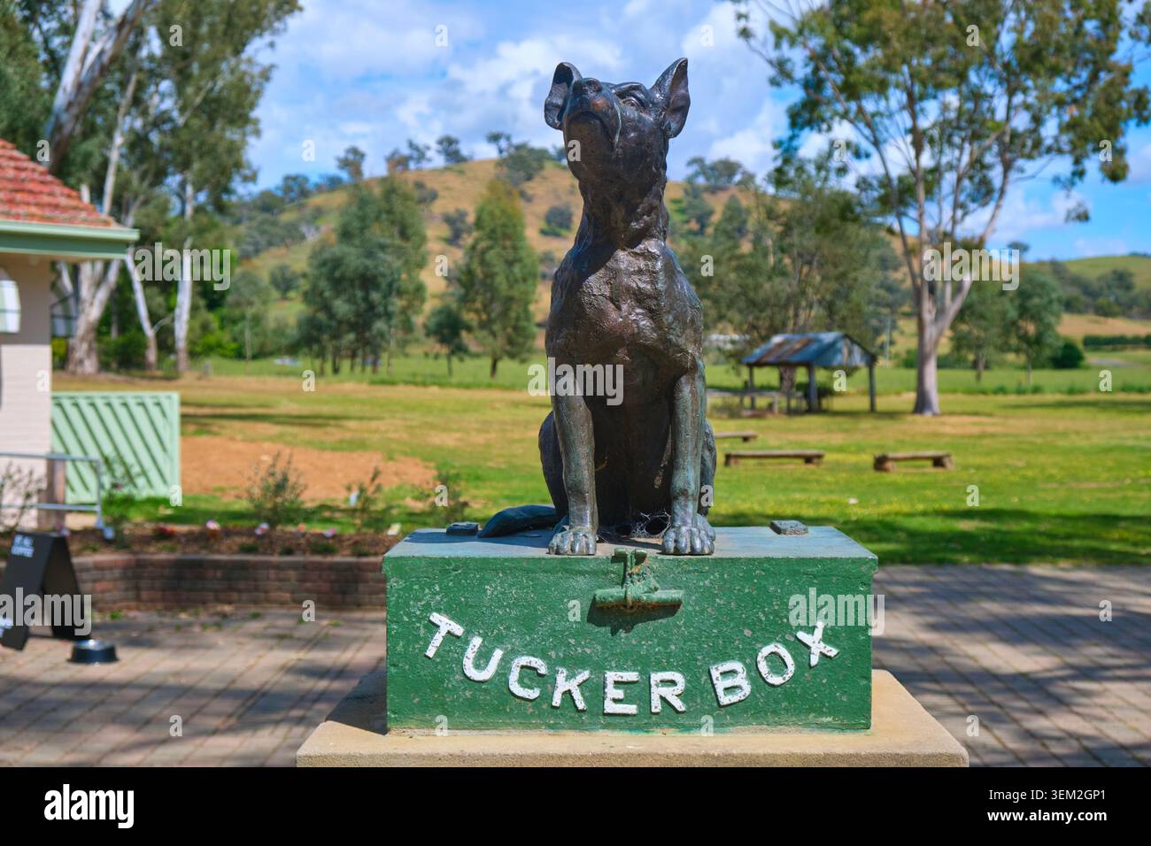 Sieht hart aus, königlich auf der Box. Bei der Dog on the Tuckerbox Skulptur, Statue, basierend auf einem Doggerel Gedicht, Bullocky Bill. In der Nähe von Gundagai, NSW, Australien. Stockfoto