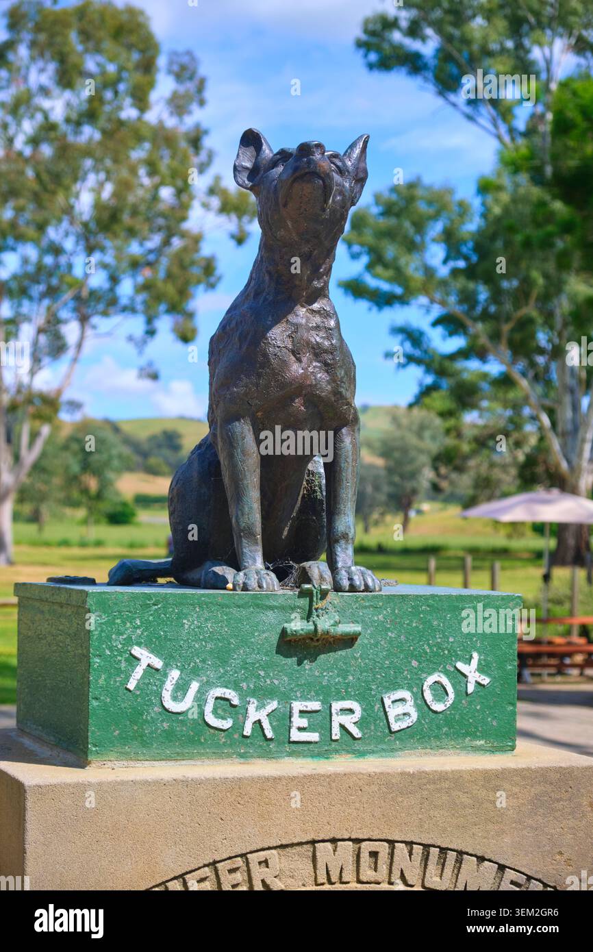 Sieht hart aus, königlich auf der Box. Bei der Dog on the Tuckerbox Skulptur, Statue, basierend auf einem Doggerel Gedicht, Bullocky Bill. In der Nähe von Gundagai, NSW, Australien. Stockfoto