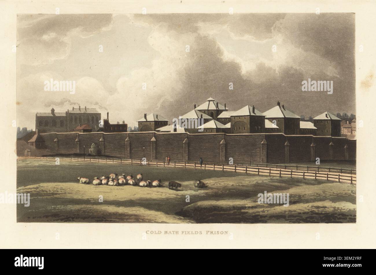 Blick auf das Cold Bath Fields Gefängnis aus dem Norden, Middlesex, London, 1816. Das Gebäude wurde 1794 aus Backsteinen mit Tor aus Portland-Stein umgebaut und mit Fesseln geformt. Entworfen vom Architekten Sir Robert Taylor und fertiggestellt nach seinem Tod von Sir William Chambers und schließlich von dem Landvermesser Thomas Rogers. Zwei Seiten für männliche und weibliche Gefangene und Vagranten. Schafe grasen auf den Feldern um das Gefängnis herum. 1885 geschlossen. Handkolorierter Kupferstich oder Aquatint von John Papworth aus seinem eigenen Select Views of London, Historical and Descriptive Sketches of some the interessantesten Public Buil Stockfoto