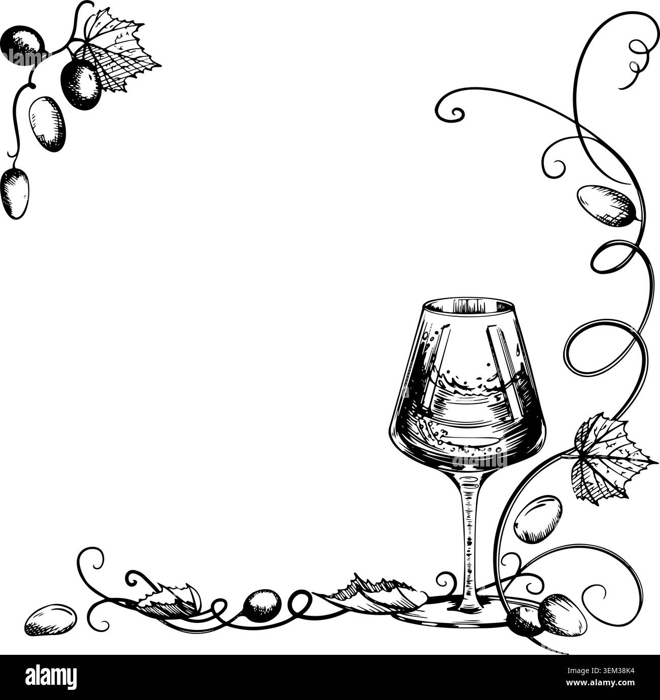 Vektorrahmen. Schwarz-weiße Illustration von Weinglas, Trauben und Weinrebe mit Blättern im Linienart-Stil für Menüdesign, Einladungen, Weinetiketten Stock Vektor