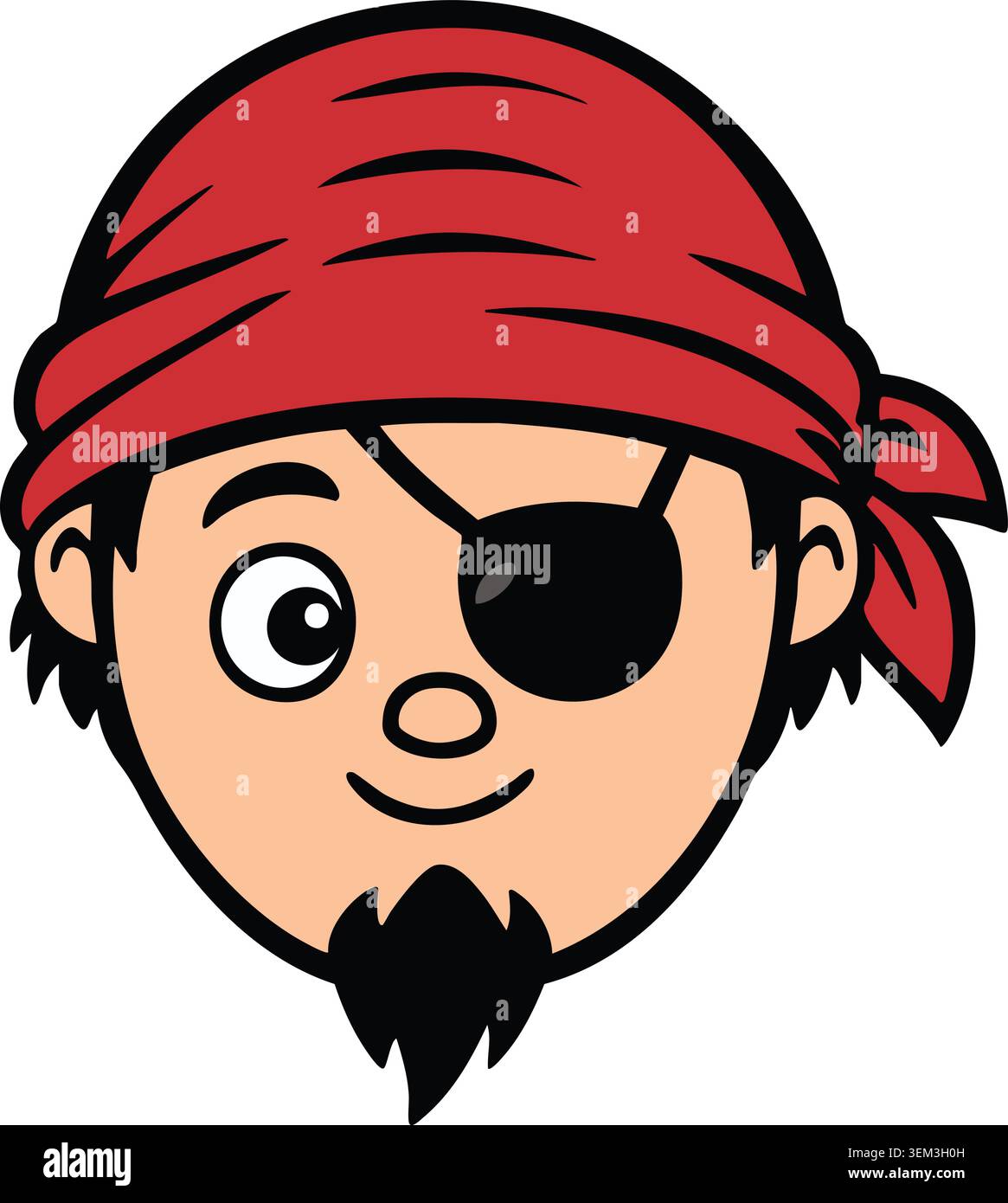 Ein verspieltes Piratengesicht mit rotem Kopftuch, schwarzer Augenklappe und kleinem Spitzbart Stock Vektor