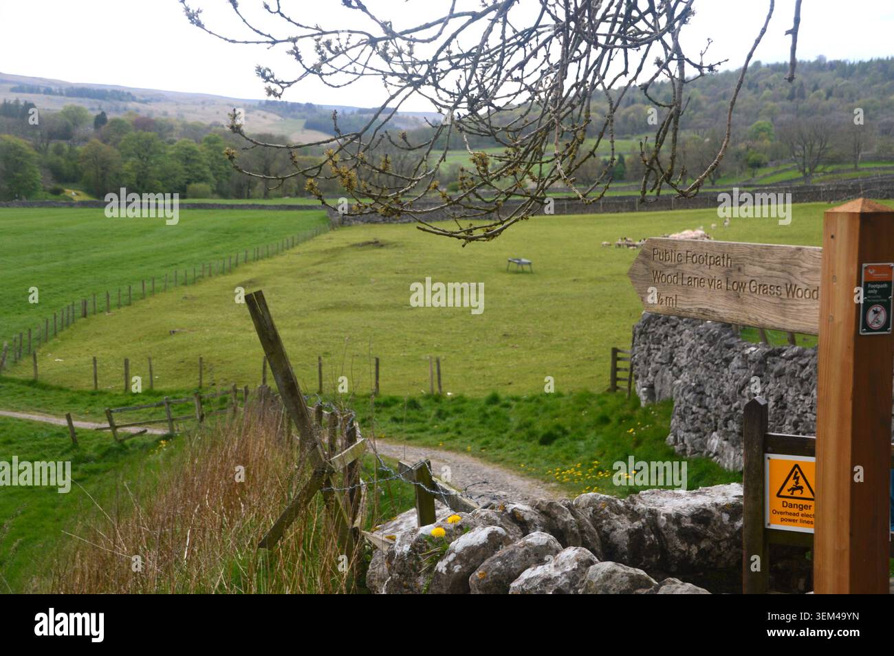 Hölzerne Wegweiser für den öffentlichen Fußweg zur Wood Lane über Low Grass Wood von der Grassington Bridge in Wharfedale, Yorkshire Dales Yorkshire, England, Großbritannien. Stockfoto