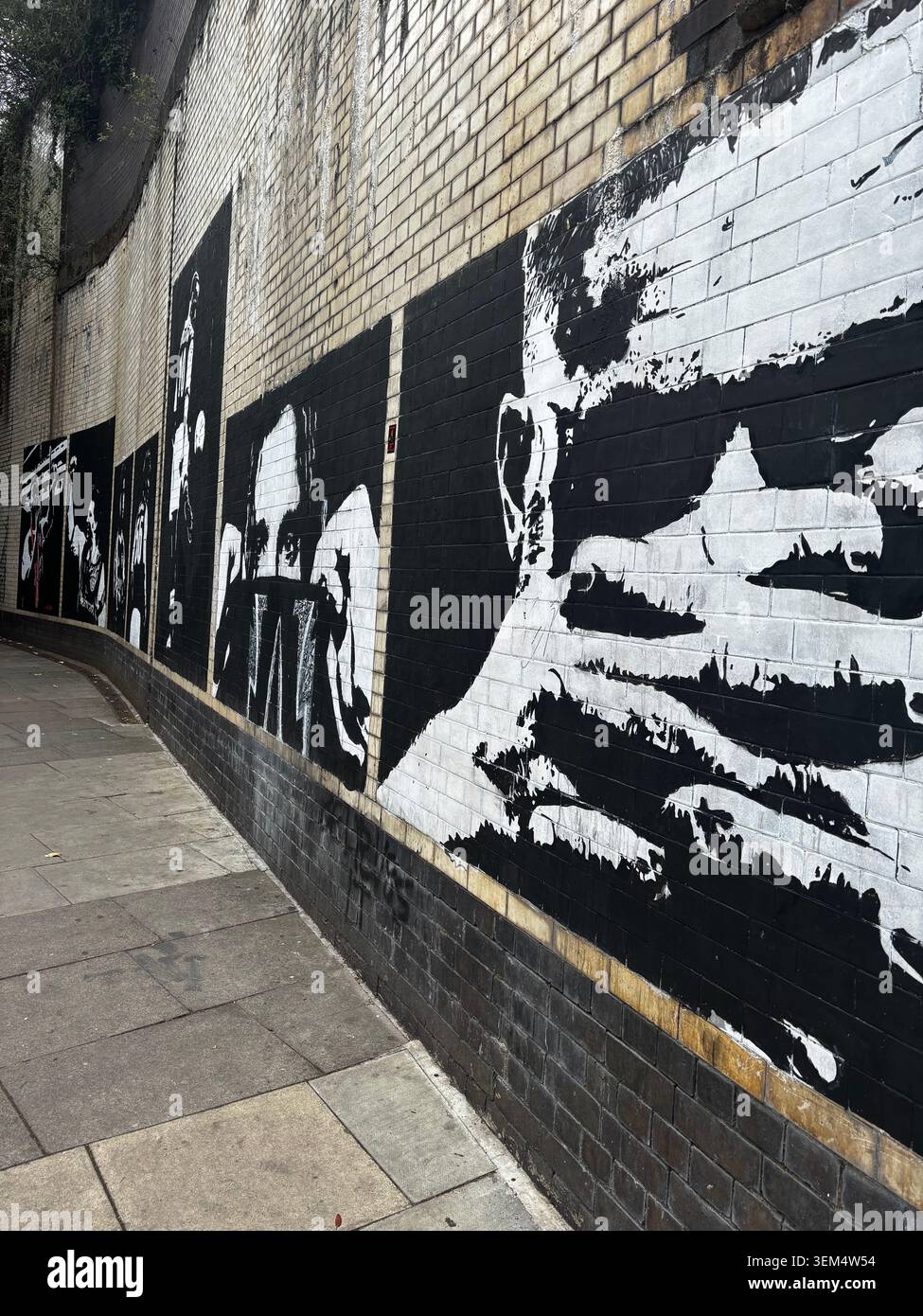 Schwarz-weißes Street Art Wandgemälde am Hornsey Tunnel in der Nähe des Emirates Stadium in Islington, North London, England, Großbritannien. - Smartphone-aufgenommenes Stockfoto