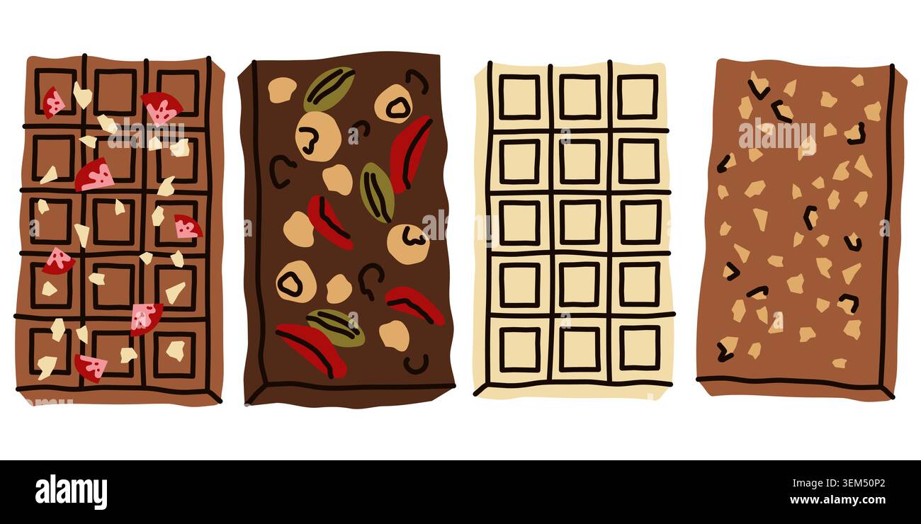 Schokoladentafeln mit dunklen, weißen und Milchsorten mit Erdbeeren, Nüssen und Früchten. Handgezeichnete Illustrationen für die Süßwarenmarke Stock Vektor