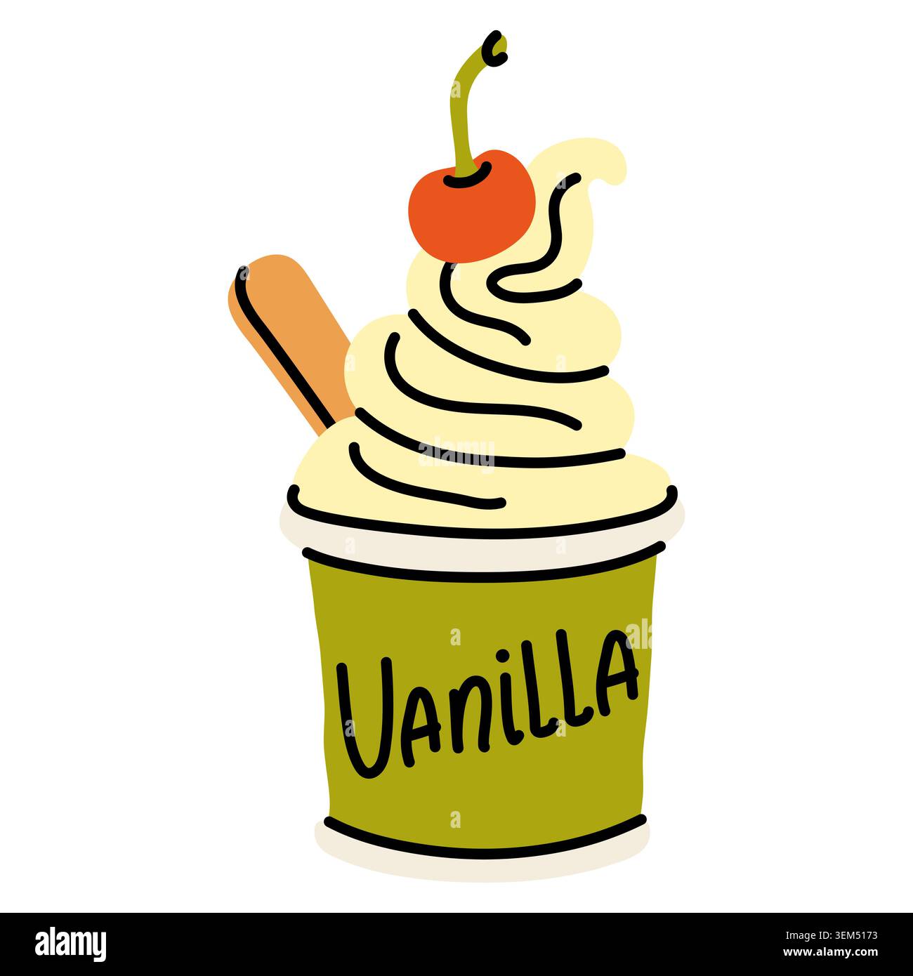Vanilleeis in grüner Tasse mit Kirsche auf der Oberseite und Holzlöffel servieren. Handgezeichnete Vektor-Illustration mit Text für Café-Menüs, Sommer-Poster Stock Vektor