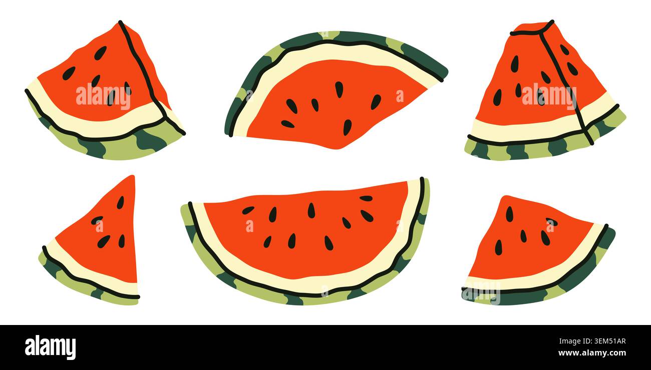 Verschiedene rote Wassermelonenscheiben in verschiedenen Formen und Größen auf weißem Hintergrund. Handgezeichnete flache Illustrationen von frischen Früchten der Saison für verspieltes Su Stock Vektor