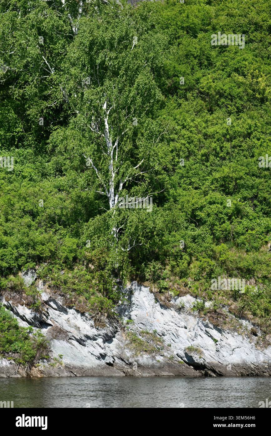 Die Landschaft des Mainskoye-Reservoir ist ein künstliches Reservoir am Yenisei-Fluss in Khakassia, das unmittelbar unterhalb des Hydroelect Sayano-Shushenskaya liegt Stockfoto
