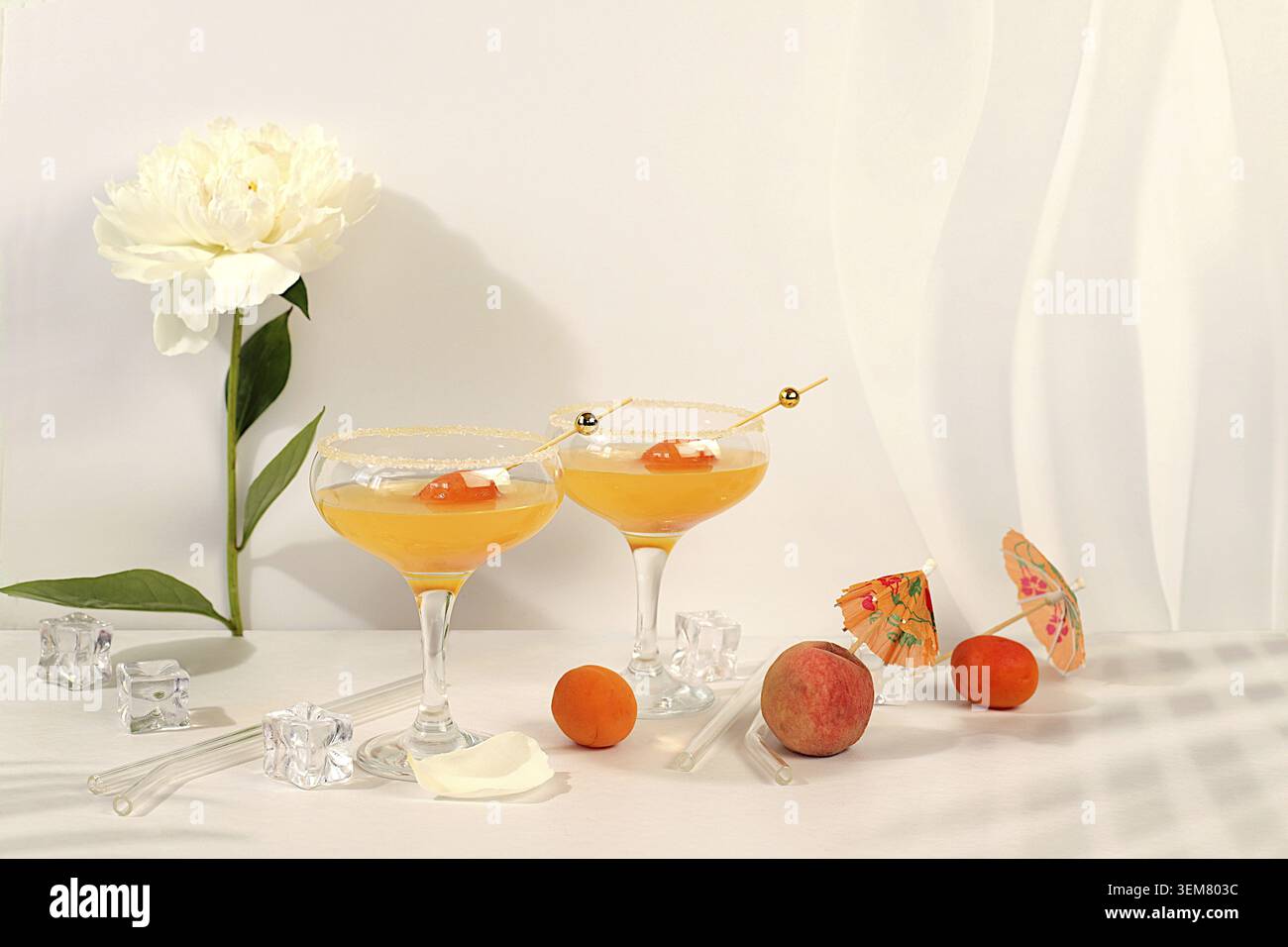 Eispunsch mit Aprikosen für Party, modernes Stillleben mit alkoholfreiem Sommercocktail und Pfingstrosen auf modernem sonnigem Hintergrund, minimalistisches Konzept für BA Stockfoto
