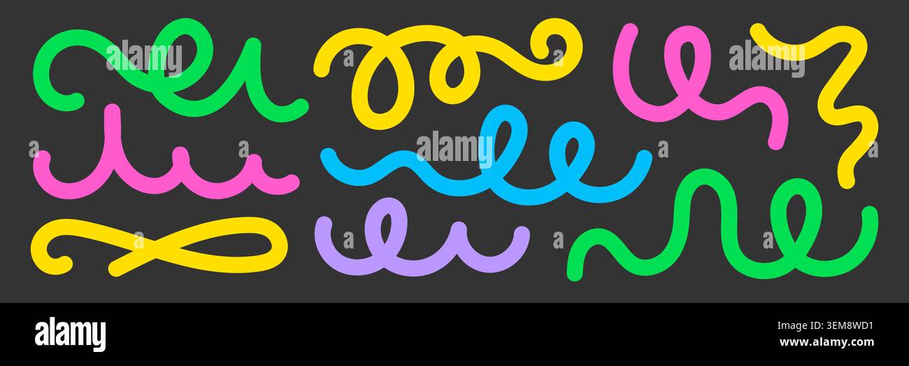 Abstraktes Konfetti-Set in Linienform. Handgezeichnete Linie abstrakte Wirbel-Form mit geometrischem Flickwerk-Kurvenmuster. Farbenfrohe Feier Party Karneval Kinder Spaß Grafik Hintergrund. Vektorabbildung Stock Vektor