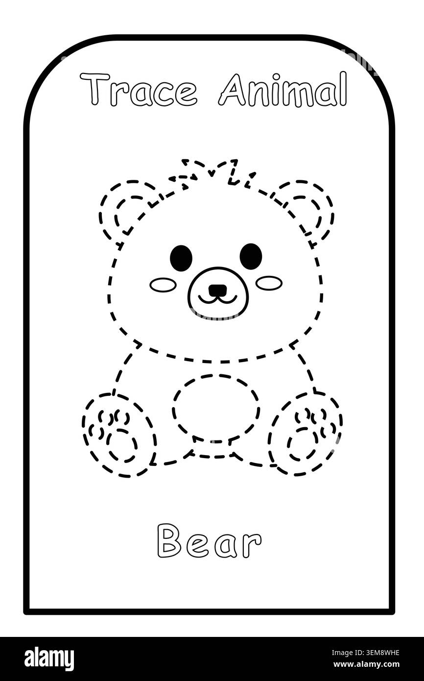 Niedliches Bärchen-Malblatt für Vorschulkinder, entwickelt zur Verbesserung der Handschrift und der Feinmotorik. Stock Vektor