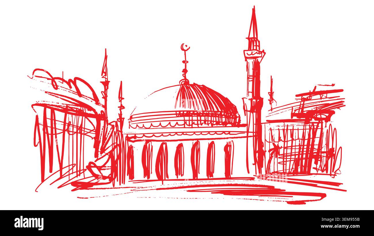 Zeichnung einer muslimischen Moschee mit Türmen. Nicht existierende abstrakte architektonische Wahrzeichen handgezeichnete Kunst. Kirche oder Gebäude in einer Stadtlandschaft Stock Vektor