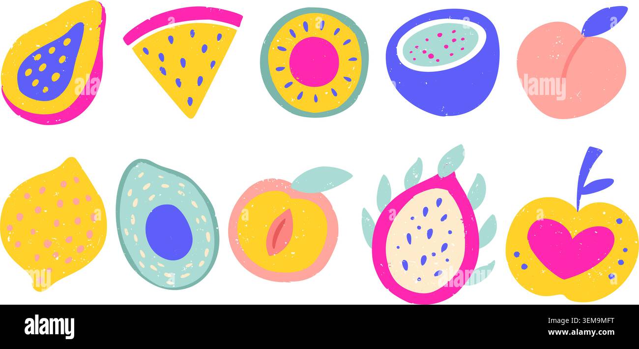 Sommer Tropische Früchte Set Papaya Kiwi Wassermelone Kokos Pfirsich Lemon Avocado Drachenfrucht Apfel Vektor Spielerische Sammlung Stock Vektor