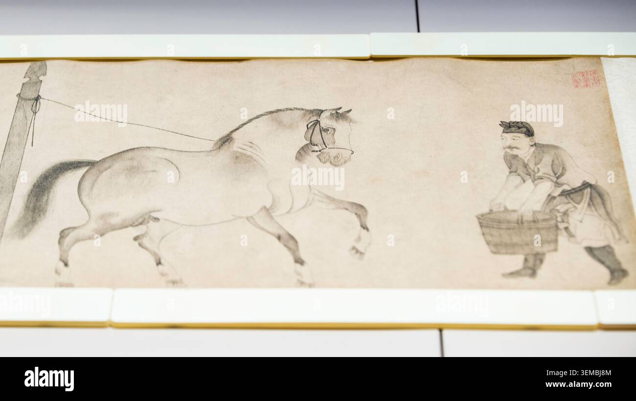 Taiyuan, China - 8. Mai 2026: Elegante antike Pferdemalerei aus dem Shanxi Museum, die dynamische Pferdebewegung darstellt Stockfoto