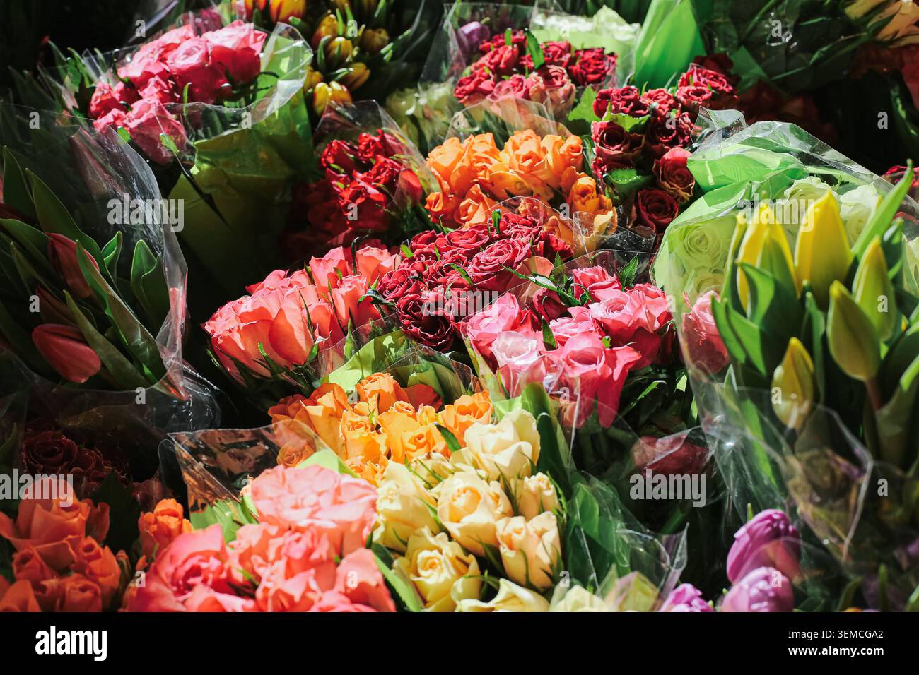 Verschiedene Blumensträuße zum Verkauf im Blumengeschäft. Farbenfrohe Blumenarrangements für Geschenke, Veranstaltungen und Feiern. Stockfoto