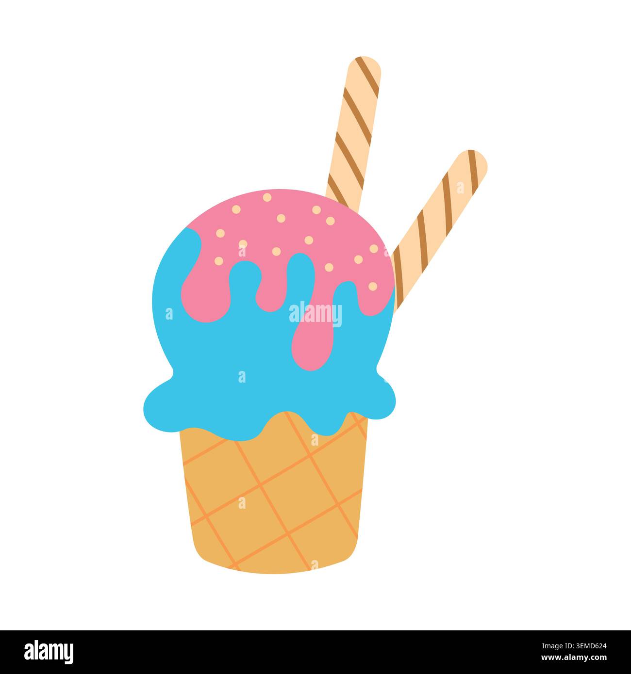 Eis in einem Waffelbecher. Flacher handgezeichneter Style. Dessertdesign. Vektorillustration auf weißem Hintergrund. Stock Vektor