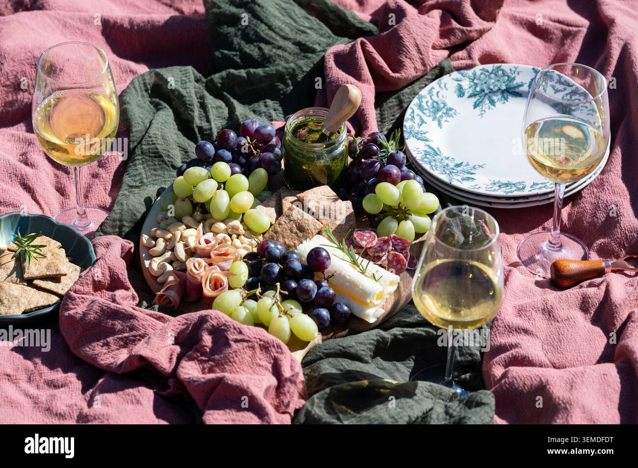 Picknick im Freien mit Sonnenlicht auf weichen Decken mit Wurstplatte, Trauben, Crackern, Käse, Nüssen und Pesto, kombiniert mit Weißwein und Blumenteller für Stockfoto