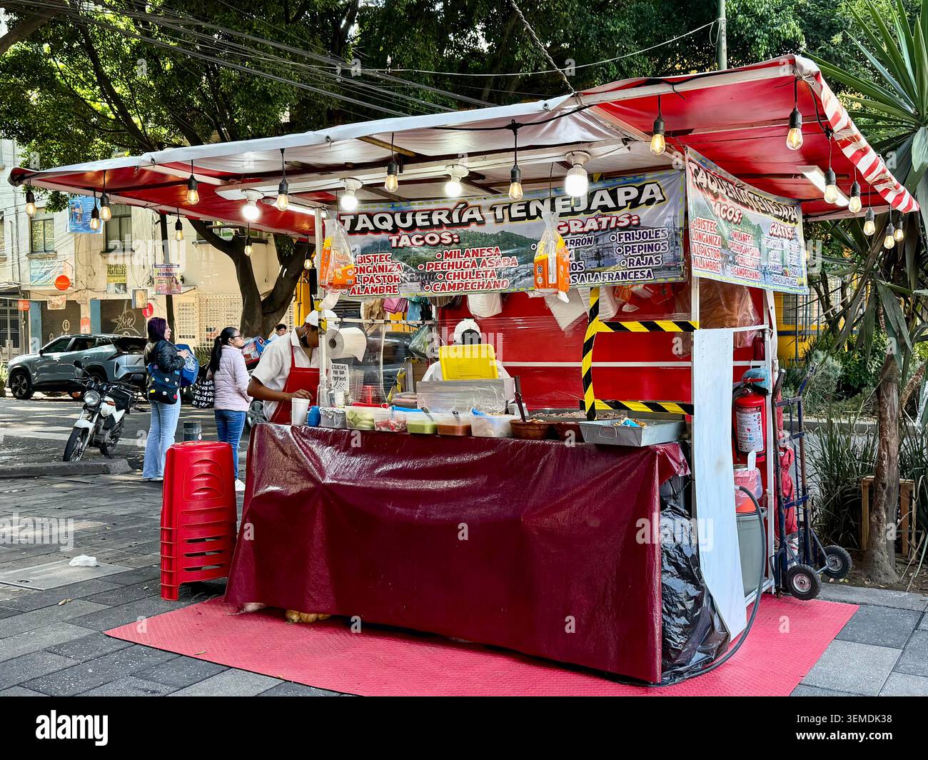 Auf einem grünen Bürgersteig in Roma Norte, Mexiko-Stadt, werden Kunden von einem Taco-Stand bedient Stockfoto