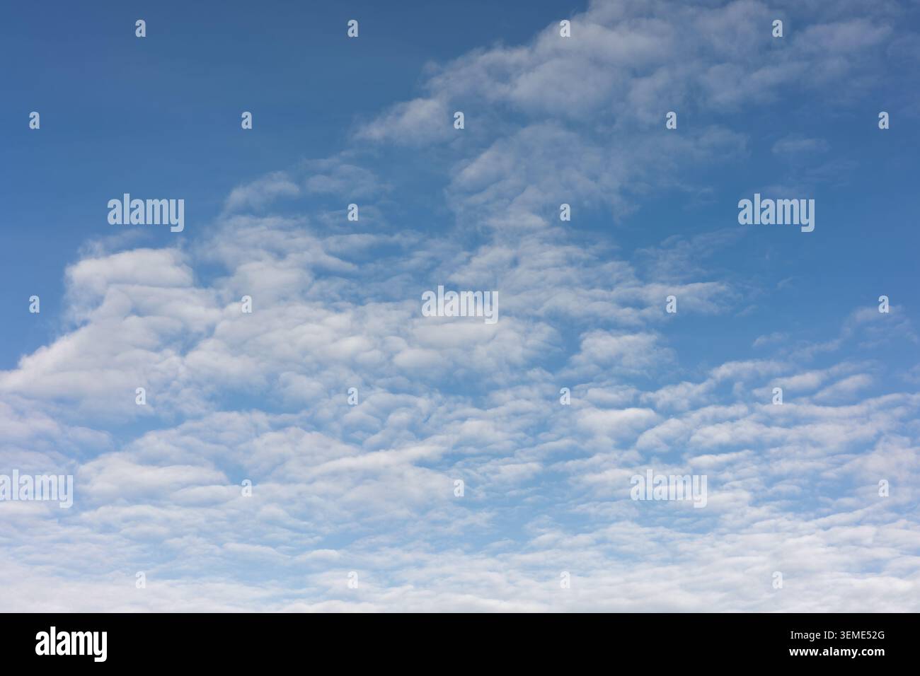 Kleine Wolkenhaufen verstreut durch einen klaren blauen Himmel mit reichlich freiem Raum Stockfoto