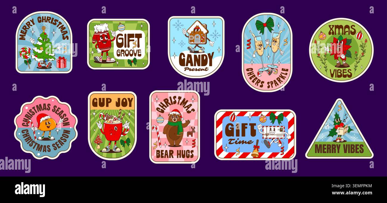 Groovige Weihnachts-Label-Aufkleber, Weihnachten Retro-Patches mit y2k-Zeichentrickfiguren. Vektor Retro grooviger Weihnachtsbaum, Weihnachtsgeschenk, Zuckerrohr und Bär Patch Etiketten mit Schneeflocken gesetzt Stock Vektor