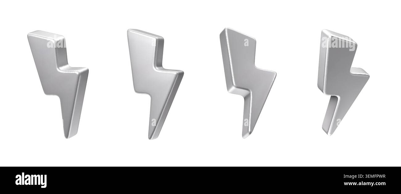 Blitzsymbole aus silberfarbenem Metall, verchromter Blitz und Energiepfeile mit glänzend reflektierender Metallic-Oberfläche. Vektorbolzen realistische Symbole für Energie, Leistung, Ladung, Spannungstechnologie Stock Vektor