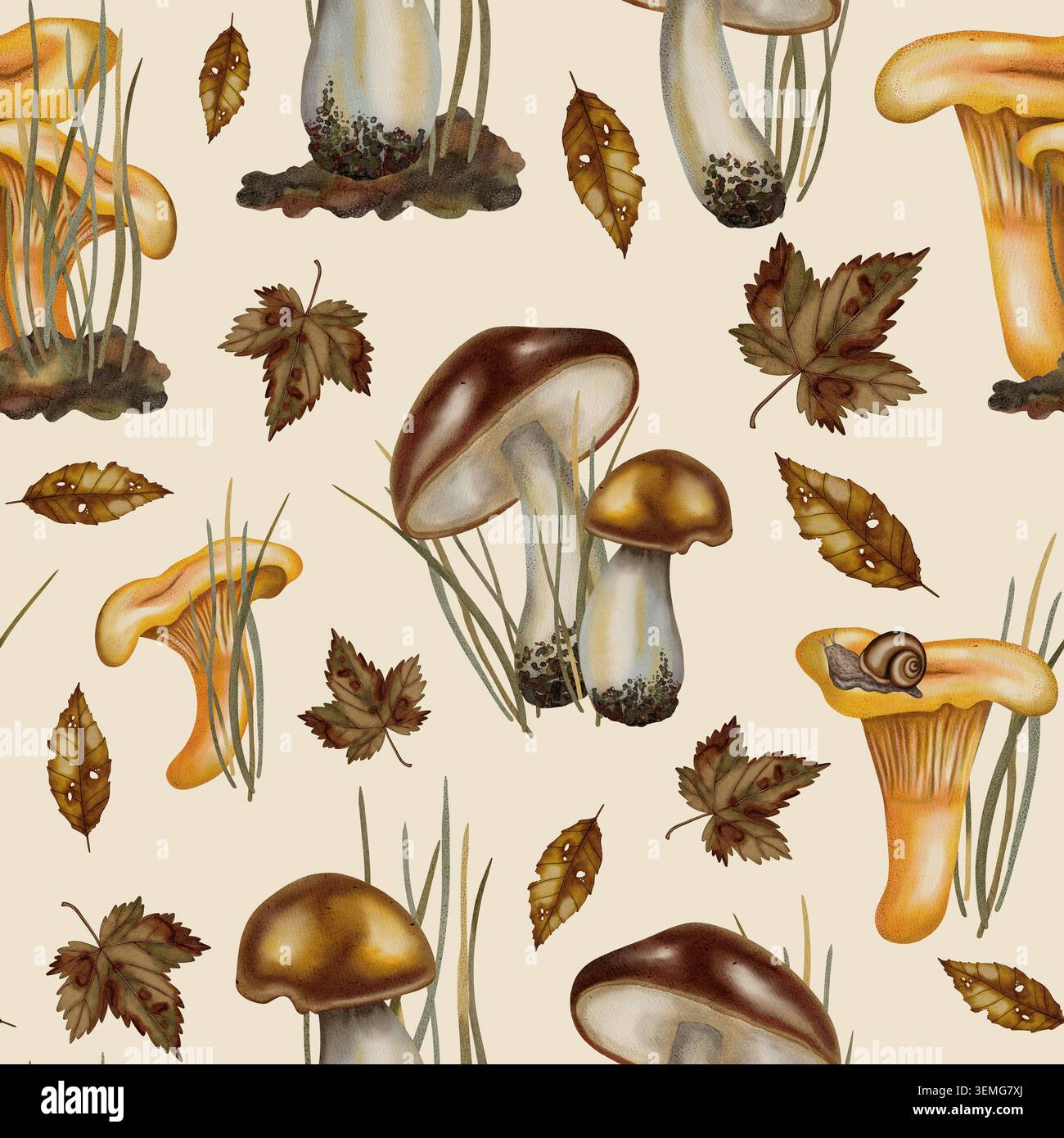 Handgemaltes nahtloses Aquarellmuster mit Pfifferlingen, Boleten, Herbstblättern und Schnecken. Kinderillustration. Geeignet für Bücher, Stockfoto
